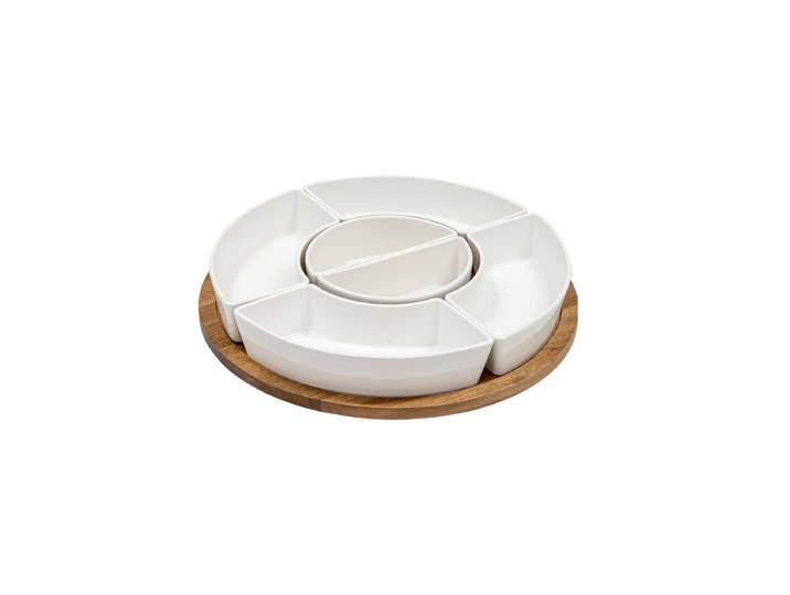 Grosses, 7-teiliges Dipschalen-Set „Serve & Share“ auf Drehteller Akazienholz Weiss, Natural Ladelle