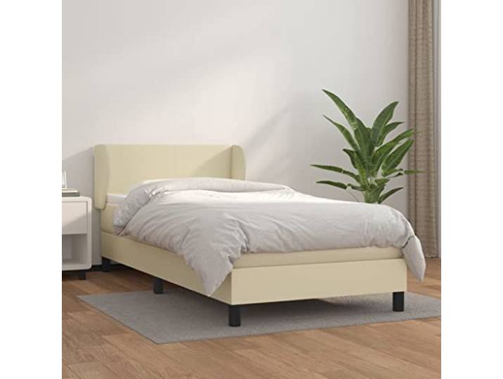Kunstleder Höhenverstellbares Kopfteil Taschenfederkernmatratze Creme Boxspringbett mit Matratze Creme 100x200 cm Kunstleder Bett inklusive Topper Verstellbares Kopfteil Taschenfederkern