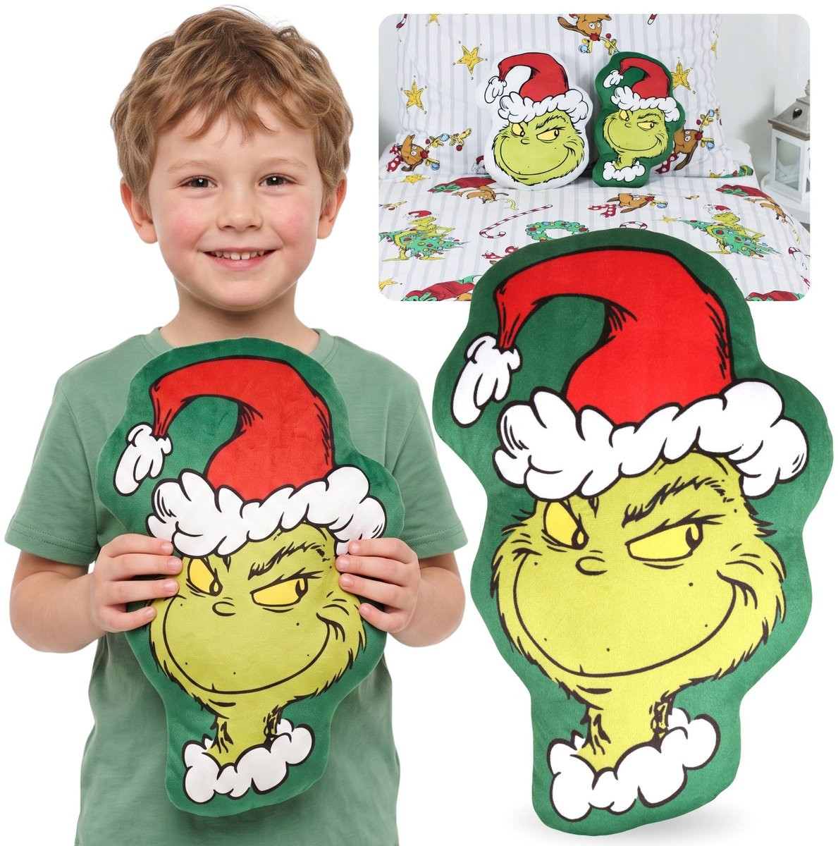 Grinch Kerst Sierkussen - Decoratief Velours Vormkussen - 32 x 22 cm