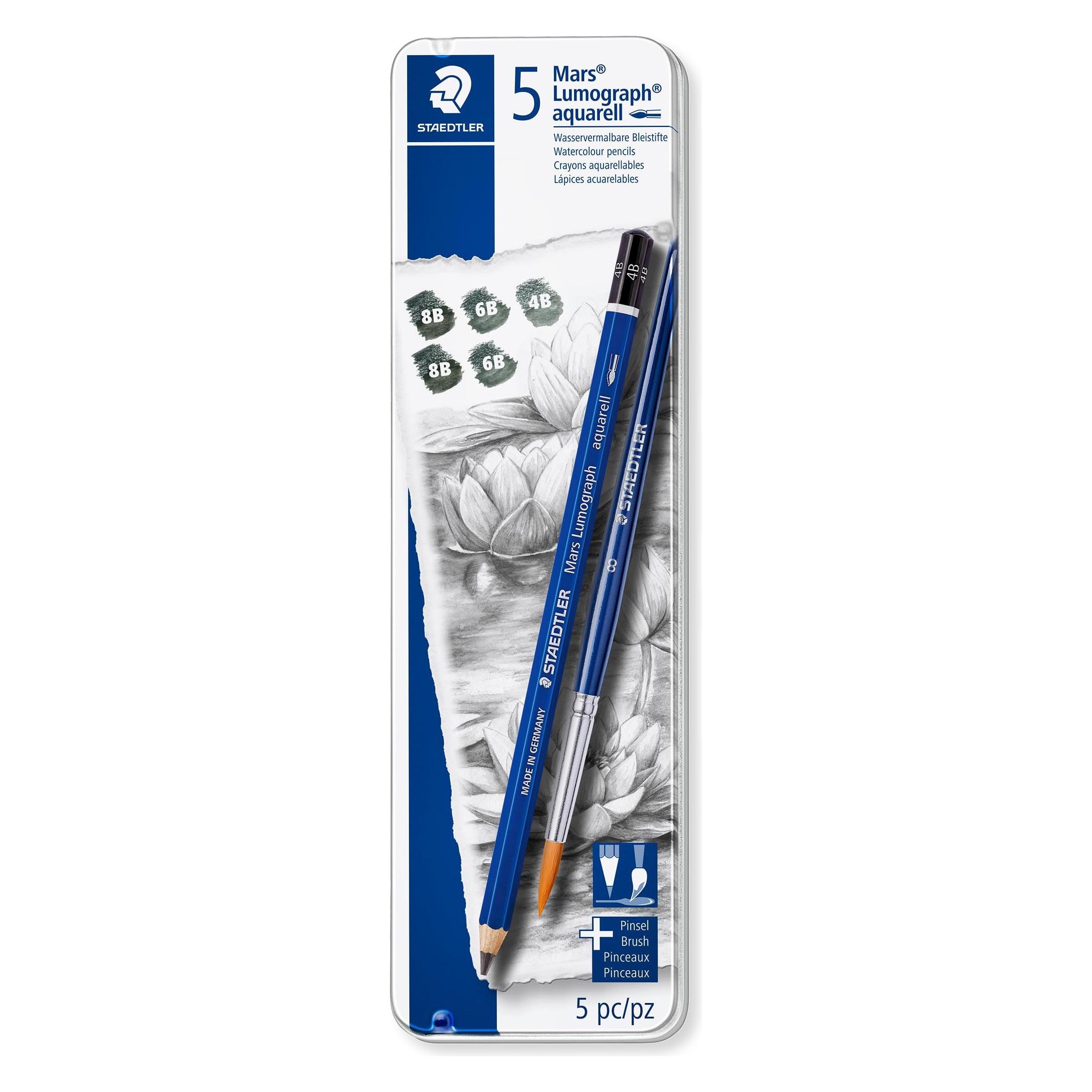 Staedtler Mars Bleistift Lumograph aquarell, 6er Metalletui wasservermalbare Künstlerbleistifte, Minenstärke: (2.50 mm, 4B, 6B, 8B, 5x) (100A G6)