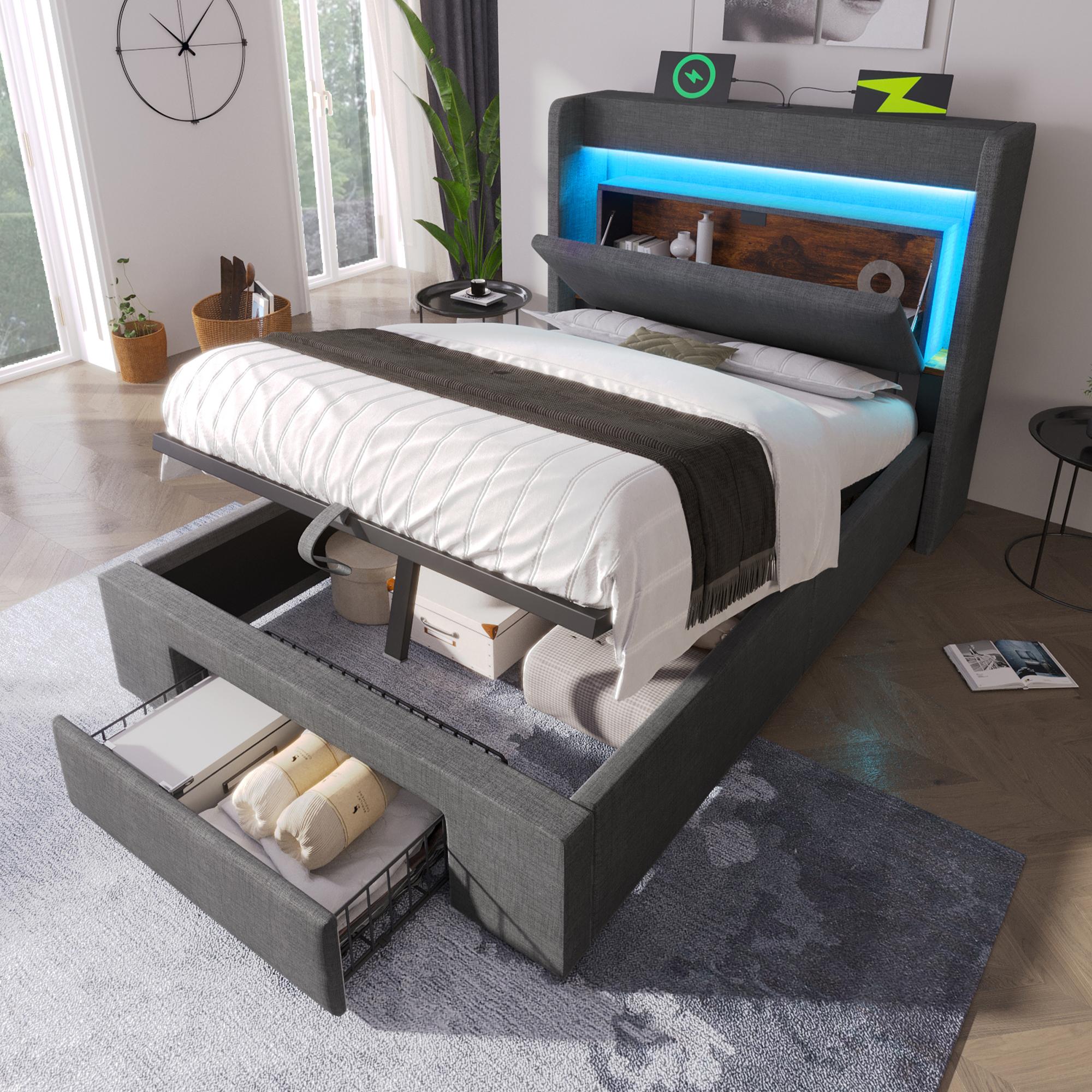 Polsterbett 90x200 cm mit hydraulischem Stauraum und Kopfteil mit Aufbewahrungsfach, LED-Beleuchtung sowie USB & USB-C Anschluss,ohne Matratze