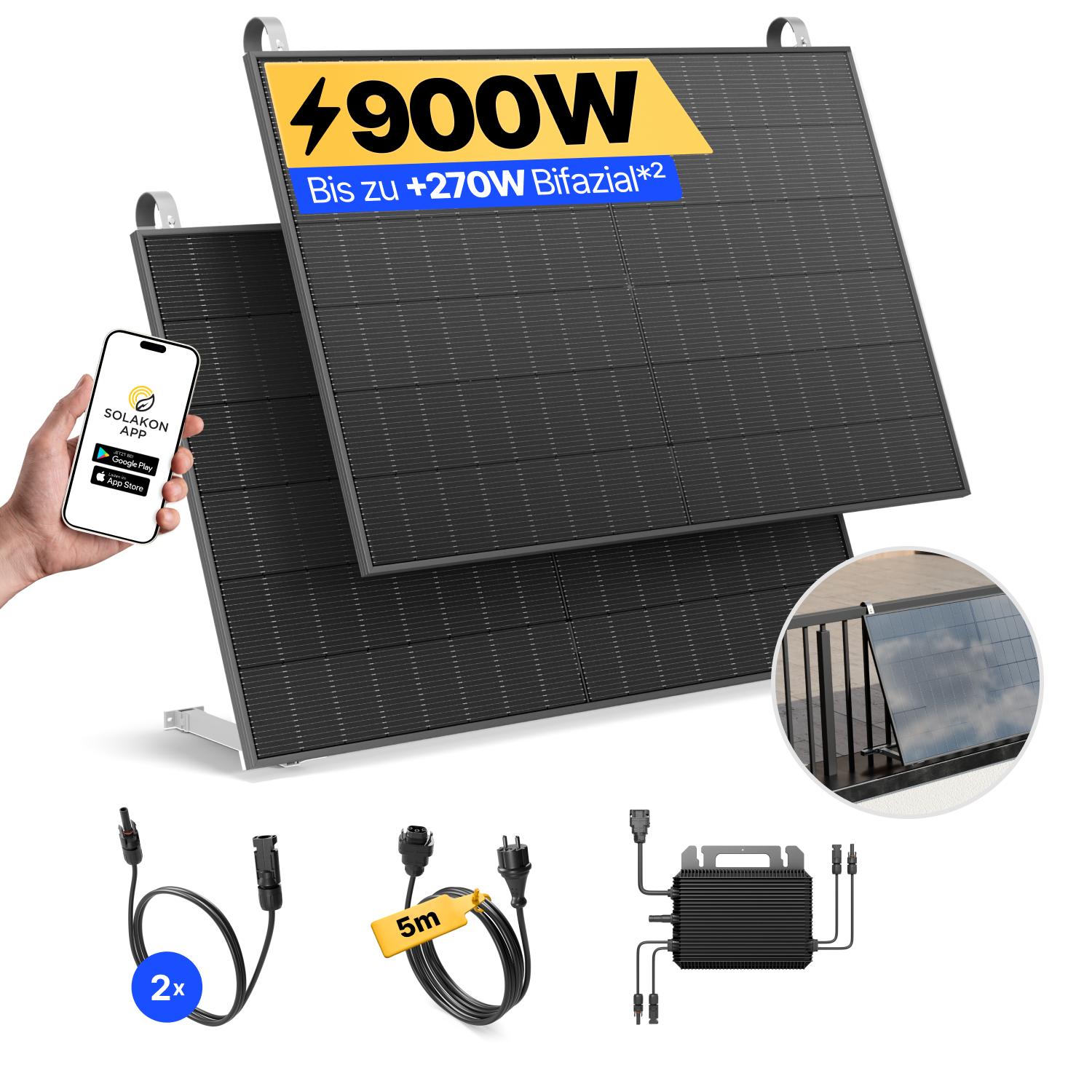 Balkonkraftwerk 900W Solaranlage mit Balkon Halterung Steckerfertig Komplettset Photovoltaik Anlage 800W, Kabellänge: 5m, Solakon - onLite