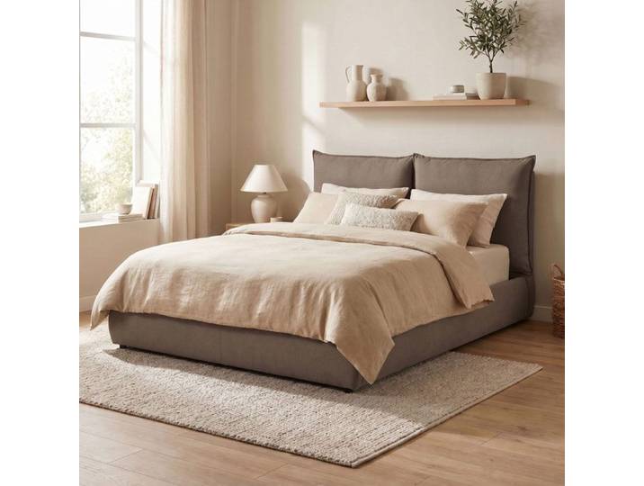 Lit coffre 160x200 avec tête de lit effet oreiller en tissu chocolat