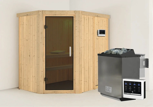 Elementsauna Karibu Carina inkl. 9 kW -Ofen und externe Steuerung ohne Dachkranz mit graphitfarbeneer Ganzglastüre