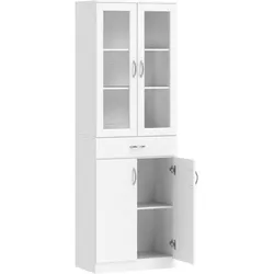 HOMCOM Küchenschrank Buffetschrank mit verstellbar Regal Schublade 2 Schrank Hochschrank mit Glastür 60 x 35 x 180 cm Weiß
