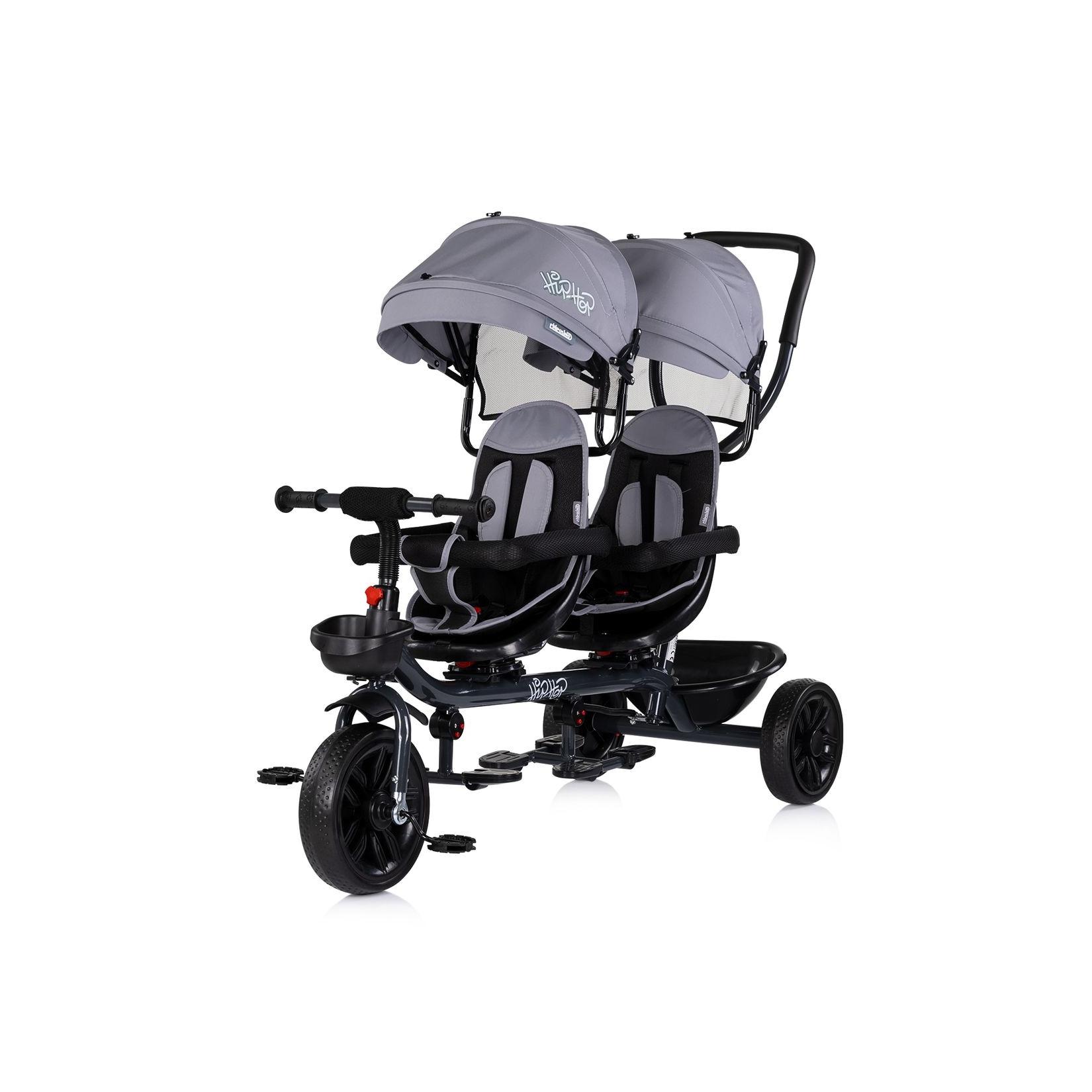 Babyshoppen Geschwisterdreirad Hip Hop, Schiebegriff, Sitze 360° drehbar, Gurte grau/schwarz
