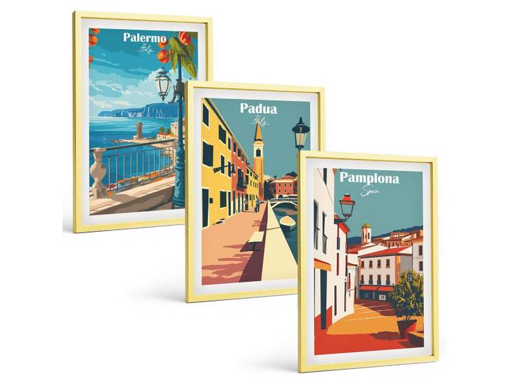 BILDER SET 3er Set - 40x60 cm Goldrahmen - Retro-Stadtillustrationen