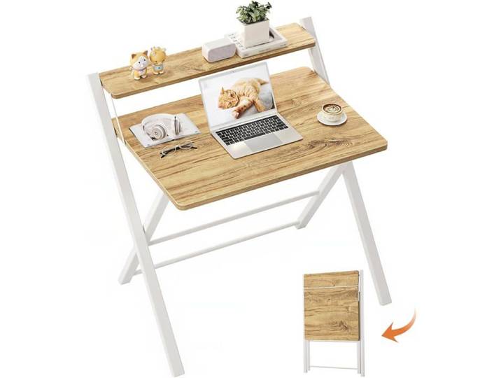 Bureau Pliable Gaming 70cm avec 2 Plateaux Rangement - Mini Table PC Portable Compacte - Pour Petit Espace et Poste Travail Beige