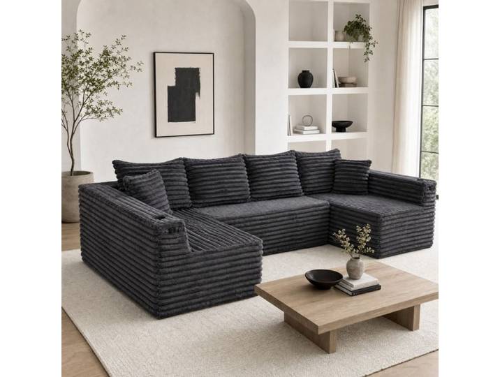WUVRIE Canape modulable en U 6 places 320 x 155 x 88 cm en velours cotele gris fonce avec porte-gobelet