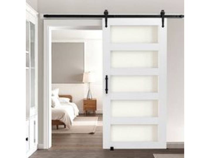 VEVOR Schiebetür im Scheunenstil Schiebetürsystem (1067 x 2134 mm) aus hochfesten MDF-Platten & Milchglas, Scheunentor mit Hardware-Kit & wasserfester PVC-Oberfläche & H-Rahmen für Badezimmer