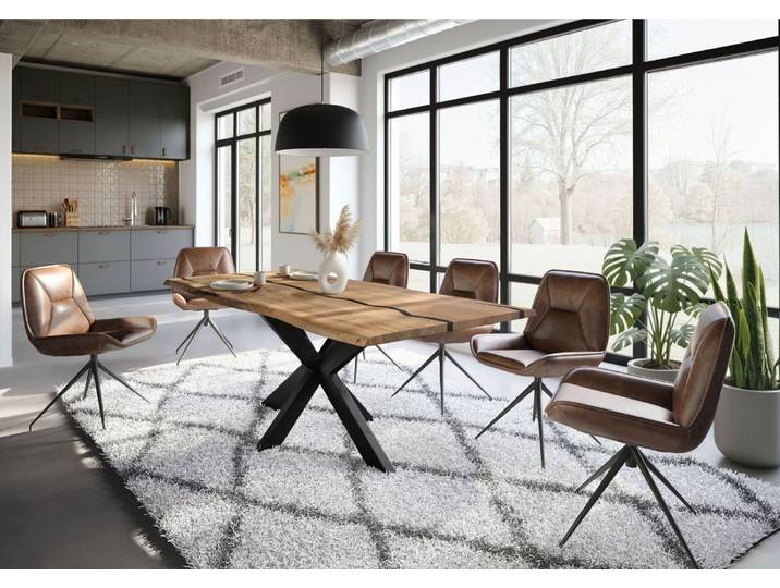 Baumtisch Mango 220x100x74 natur lackiert / Epoxid schwarz, Kreuzgestell anthrazit matt EPOXY