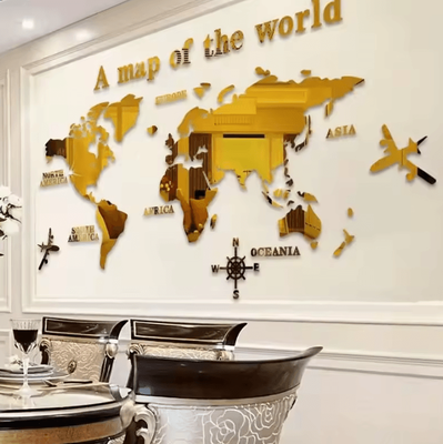 Inspire Curations 3D Acrylic World Map Mirror Wall Decor gold Map l 1.8x1m