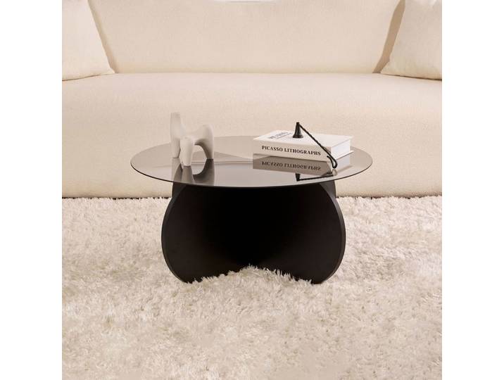 Table basse ronde 75x75x35 cm en verre fumé et décor noir - kori