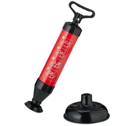Relaxdays Abflussreiniger Pumpe, 2 Aufsätze für WC, Dusche, Waschbecken, Druckreiniger Abfluss, chemiefrei, schwarz/rot