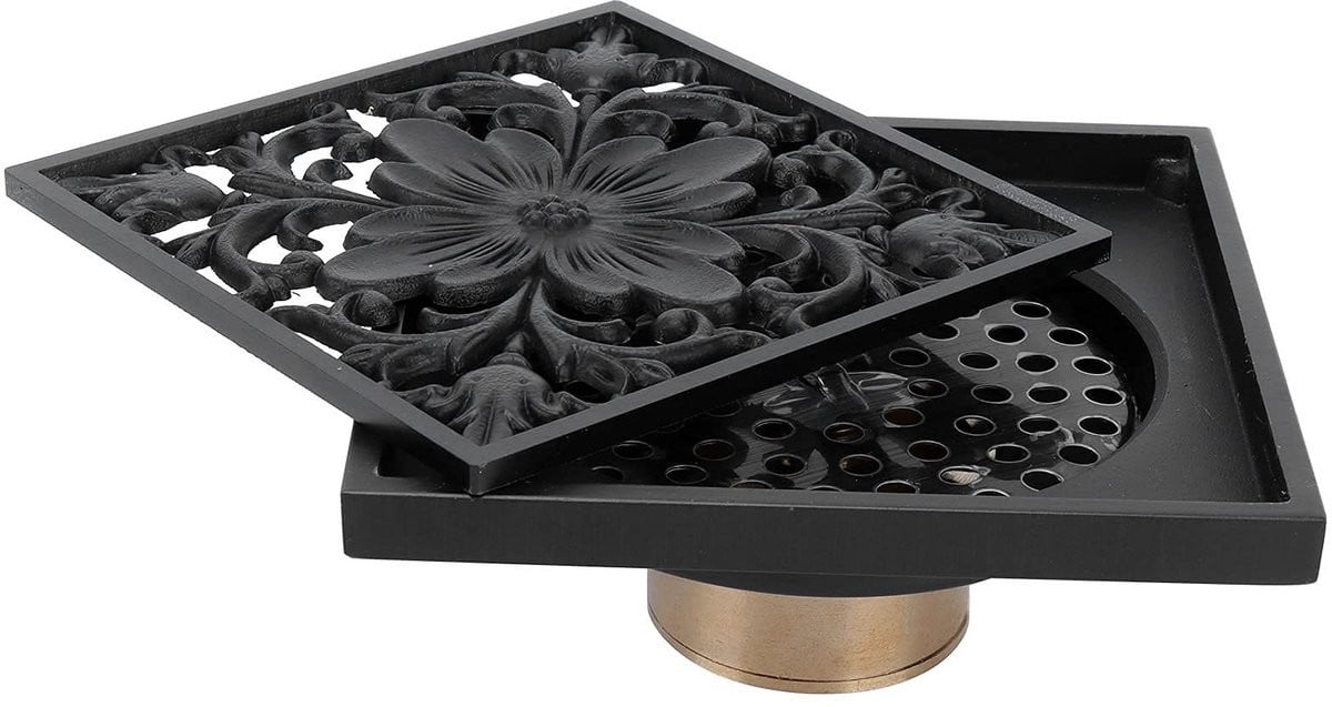 Dailygoods Afvoerputje Antiek Zwart met Zeef, 10 x 10 cm, Koperen Doucheafvoer voor Badkamer en Balkon