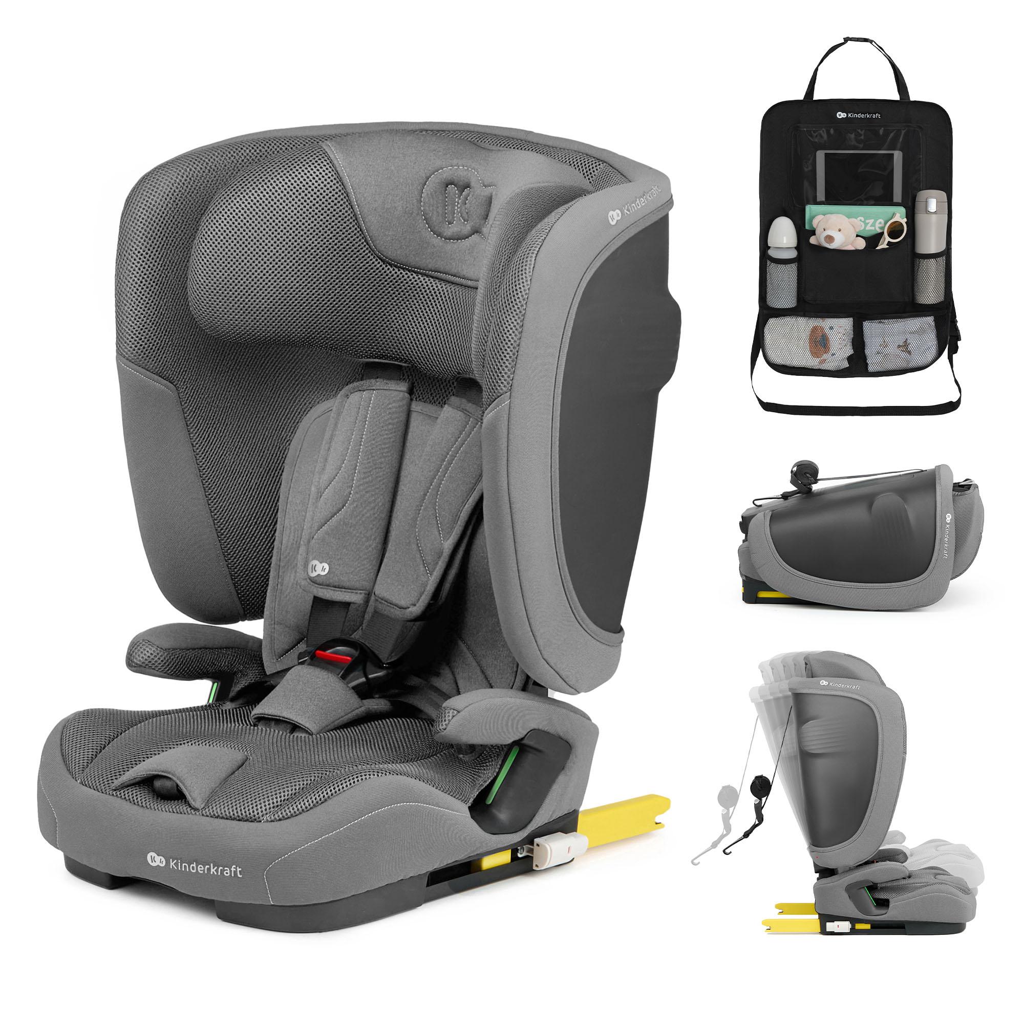 Kinderkraft FIX2GO i-Size Autokindersitz 76-150 cm ISOFIX SAFERIDE SENSOR H-GUARD+ EASY GROW klappbar AIR FLOW R129 Grau mit Auto-Organizer