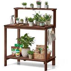 VEVOR Pflanztisch, Gärtnertisch, Gartenarbeitstisch mit Großer Holzplatte, Ablageflächen & Haken, Blumentisch, Outdoor Umtopftisch für Terrasse & Garten, Braun, Regalstil, 91 x 49.5 x 108.5 cm