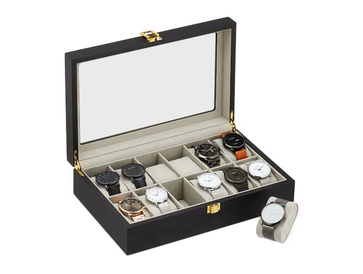 Uhrenbox mit 12 Fächern Creme-Schwarz-Transparent