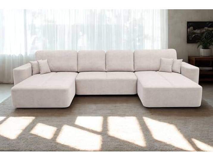 KP-Meble Ecksofa mit schlaffunktion und bettkasten, U-förmiges Ecksofa Soreo, Schlafsofa 330x140cm, Automatisch für einfaches Ausklappen, 389x184x93cm (Whisper 2, beige)