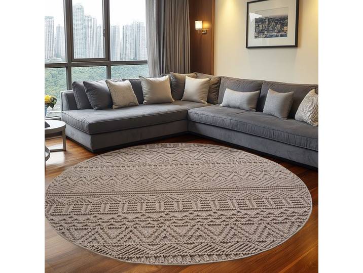 Teppium Tapis chambre salon bouclé bohème style vintage beige rond 160 cm moelleux durable facile entretien intérieur moderne