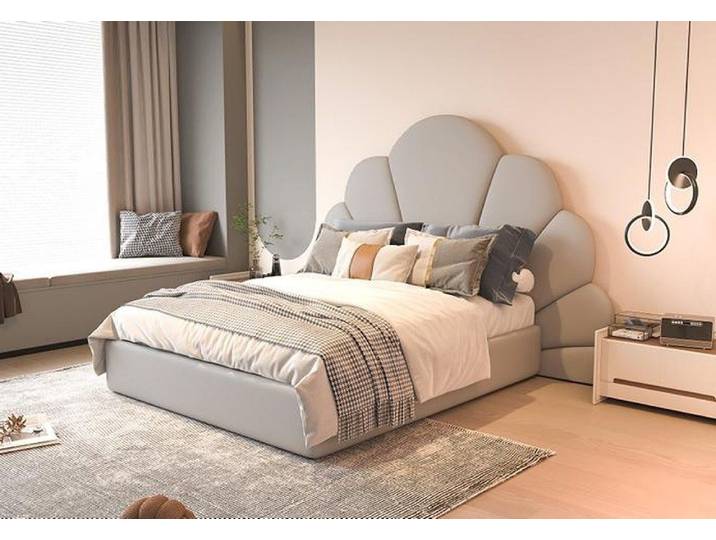 Xlmoebel Polsterbett Luxus Graues Bett mit Floral-Kopfteil und modernem Design (Polsterbett, Luxus Graues Bett), Made in Europa