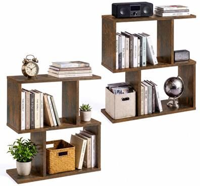 Costway 3-Tier Geometric Bookshelf Freestanding Display Shelf Side Table Set of 2-Brown