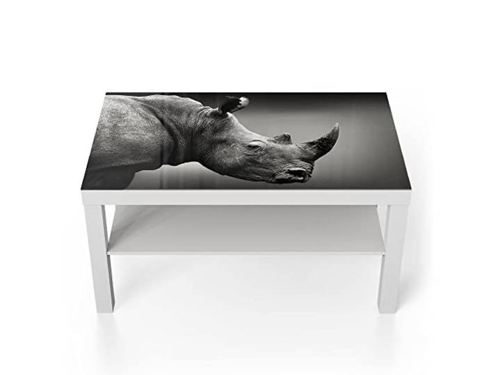 DEQORI Glastisch weiß groß 90x50 cm Motiv Nashorn im Profil ausgefallener Beistelltisch aus Glas Hochglanz Couchtisch fürs Wohnzimmer moderner Couch Tisch mit Design