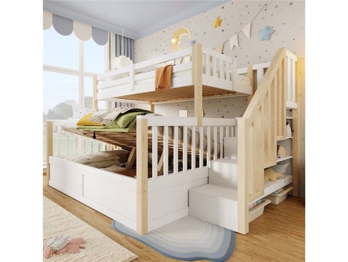 Lit superposé 90/140x200 blanc bois échelle rangement vérin hydraulique 2 couchages chambre partagée studio adulte sans matelas