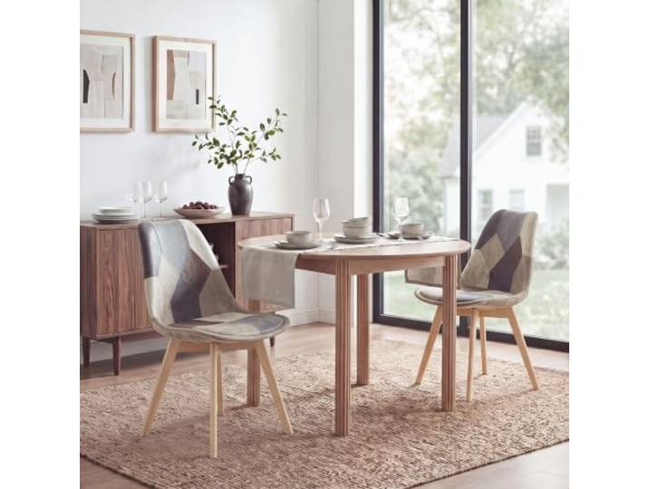 HJhomeheart Set aus 2 Esszimmerstühlen aus Patchwork-Stoff mit abnehmbarem Sitzkissen und Massivholzbeinen für Esszimmer, Wohnzimmer, Küche usw. (Patchwork Hellbraun)