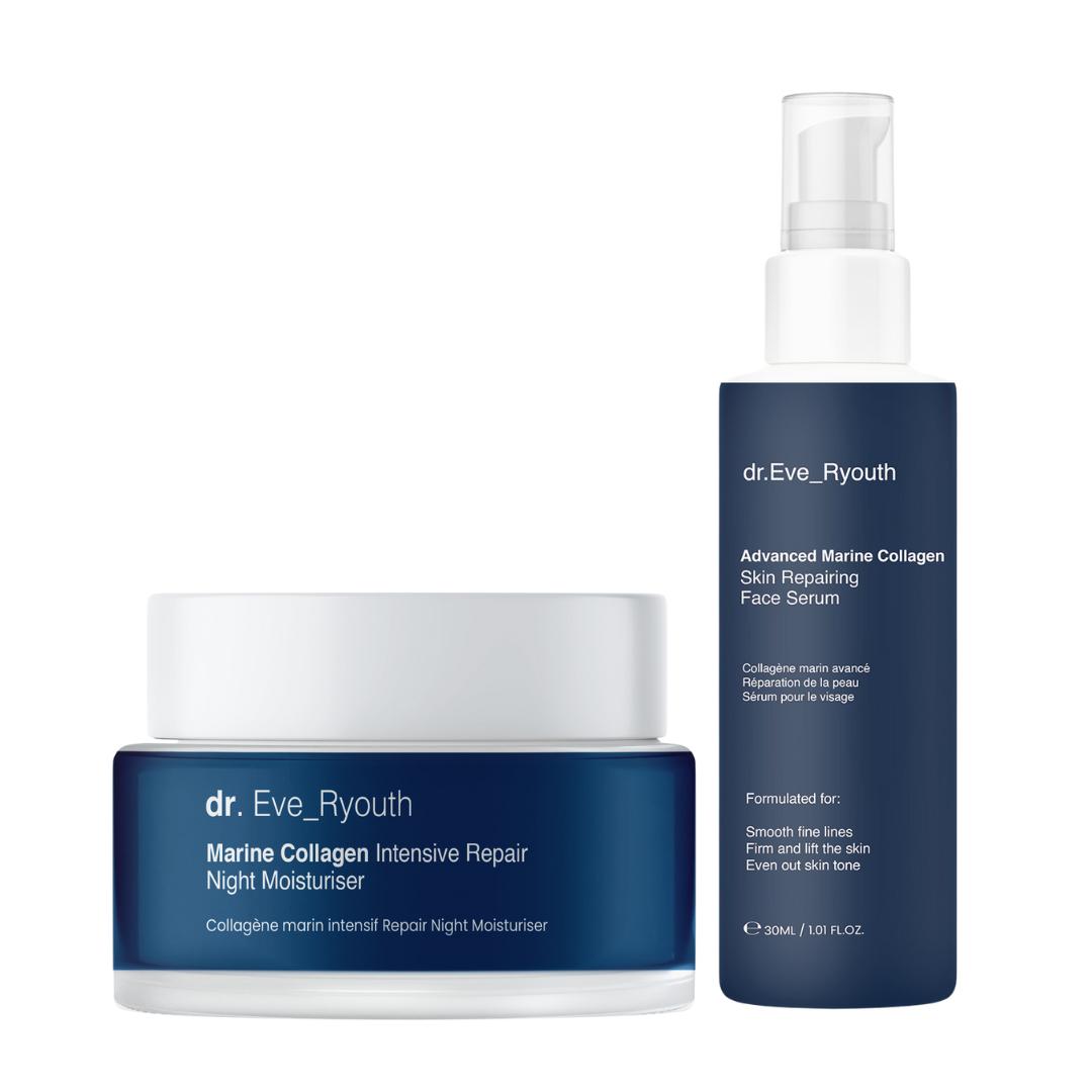 FORTSCHRITTLICHES MARINES KOLLAGEN HAUTREPARIERENDES GESICHTSSERUM 30ml + MARINES KOLLAGEN INTENSIVE REPARATUR NACHTFEUCHTIGKEITSCREME 50ml