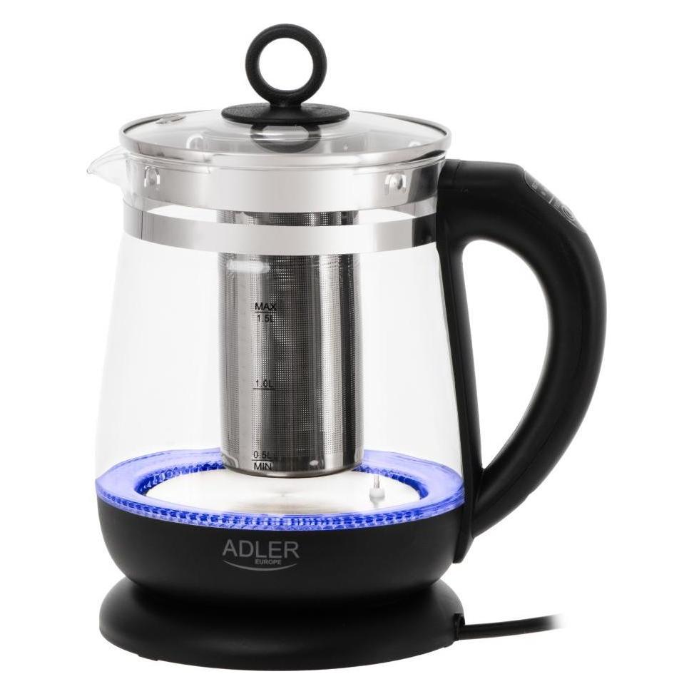 Adler Teapot Kettle | AD 1299 | Electric | 2200 W | 1.5 L | Glass | 360° rotational base | Black (1.50 l) (AD 1299b)