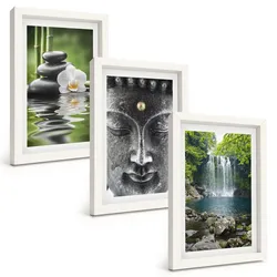 BILDER SET 3er Set - 20x30 cm Weißer Rahmen - Harmoniesteine Wasser Buddha