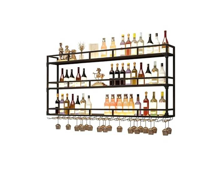 JOSIAHCQ Weinregal Wand Metall Flaschenregal Wine Rack Bar Regal Wand Weinschrank Hausbar Schmal Barschrank mit Weinglashalter Weinständer Getränke Regal für Bartheke Wohnzimmer Küche(Nero,150cm(59.0