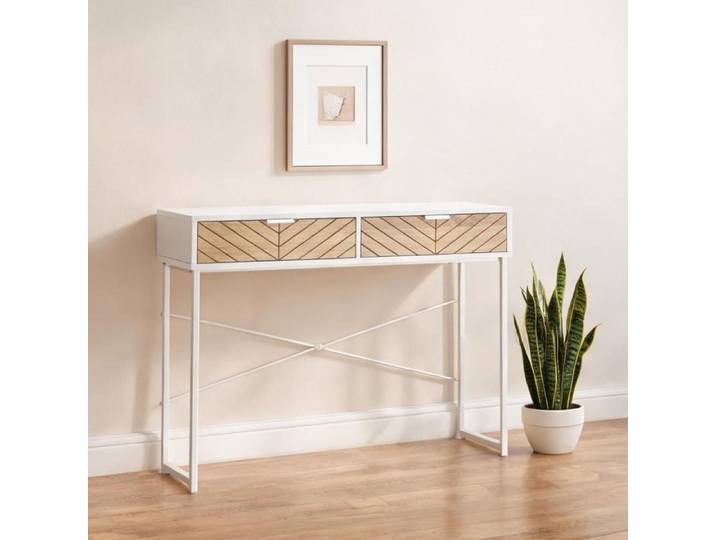 Console industrielle blanche 2 tiroirs motif chevrons chêne sculpté 100 cm métal