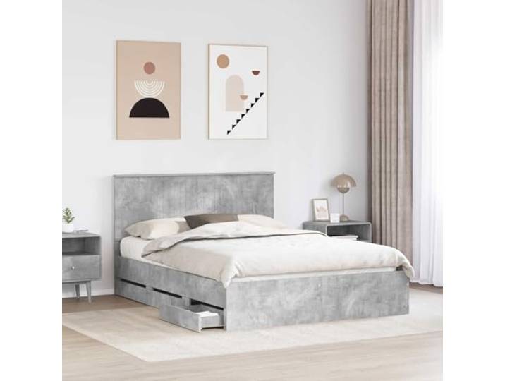 SKTQYQO Doppelbett 150 x 200 cm mit Stauraum Grau Beton Technisches Holz, selbsttragend, feste Latten, versteckte Schublade, einfache Reinigung