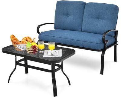 Costway 2 Pieces Patio Loveseat Bench Table Furniture Set with Cushioned Chair-Blue
