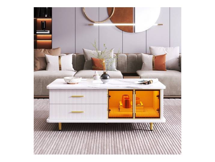 Fine Life Pro Couchtisch Couchtisch, Marmorplatte, LED, Glastür, Gold, Wellen, mit Schubladen, Aufbewahrung, für Wohnzimmer