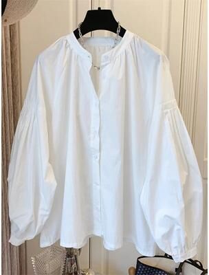 On Spot Shop Chic Stand Collar Shirt, Women's Casual Loose Design Button Up Top With Retro Lantern Sleeves m white