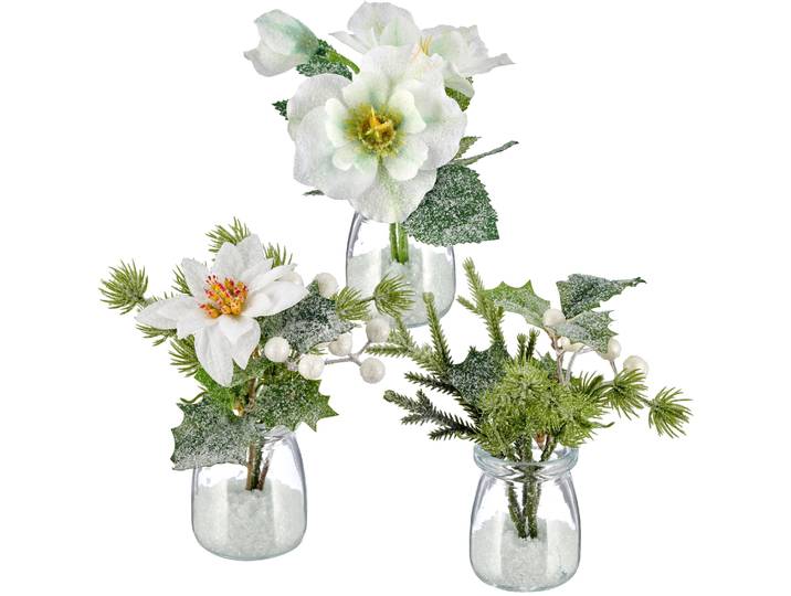 Winterliche Kunstpflanze OTTO HOME 3er Set aus kleinen winterlichen Bouquets in Glasvasen , grün (weiß), H:16cm, Obermaterial: 50% Kunststoff, 50% Polyester, Kunstpflanzen, Winterliche Kunstpflanze, mit Frost-Finish, Höhe ca.16cm
