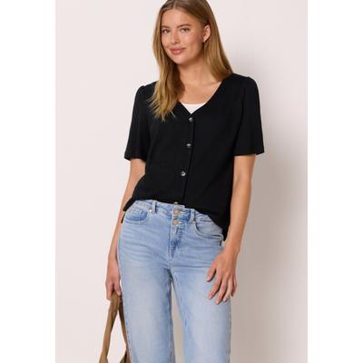 V-Shirt STREET ONE STUDIO, Damen, Gr. 36, schwarz, Stoff, 50% Baumwolle, 50% Modal, unifarben, normal normal, V-Ausschnitt, abgesteppt, Shirts, mit V-Ausschnitt