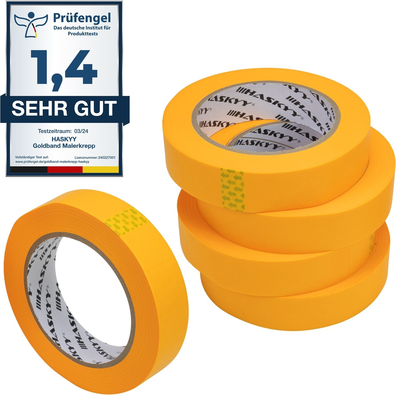 HASKYY Goldband schilderstape, professionele krepptape, 5 stuks, Breedte: 25 mm, Lengte: 50 m