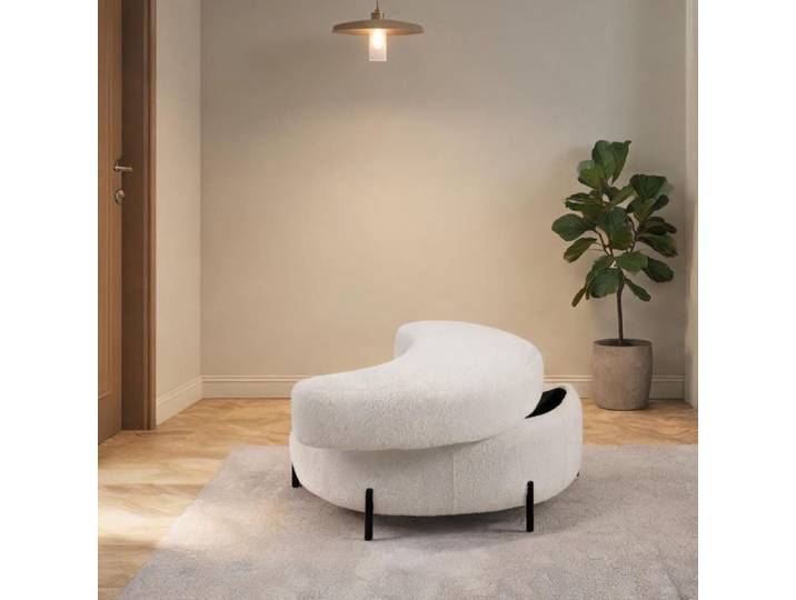 Pouf de rangement demi-lune en sherpa table d'appoint avec plateau repose-pieds et siège lin beige