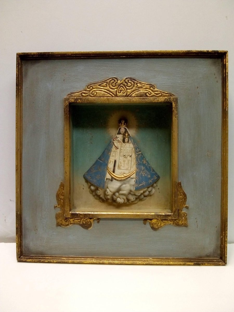 Schilderij Madonna Wanddecoratie Blauw Hout