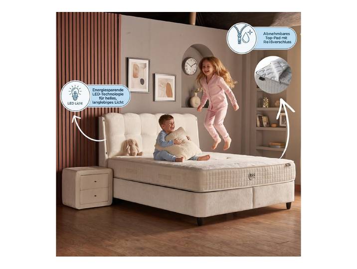 gowoll Boxspringbett mit Matratze Polsterbett LED Doppelbett mit Betkästen inkl. Lieferung (Abnehmbares Top Pad mit Reißverschluss, 2 Bettkästen + Matratze + Kopfteil), Doppelbett Polsterbett