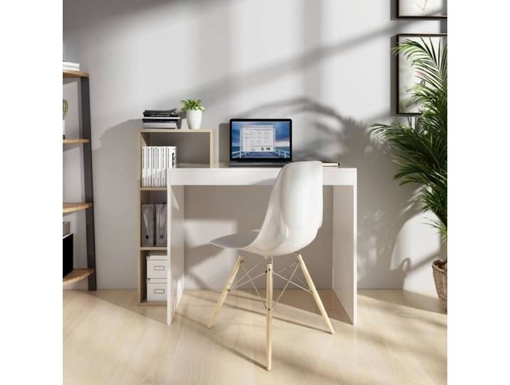 Bureau d'Ordinateur avec étagères de rangement en bois blanc et naturel - MONDEER