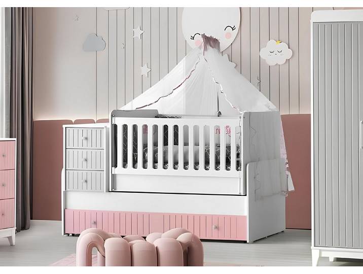 JVmoebel Kinderbett Buntes Babybett mit Holzfüßen und praktischen Schubladen (1-tlg., 1x Kinderbett)