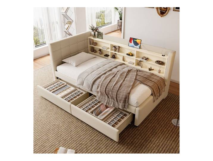 Odikalo Schlafsofa Schlafcouch Tagesbett Daybed Auszug USB Lattenrost 90x200 Beige Grau