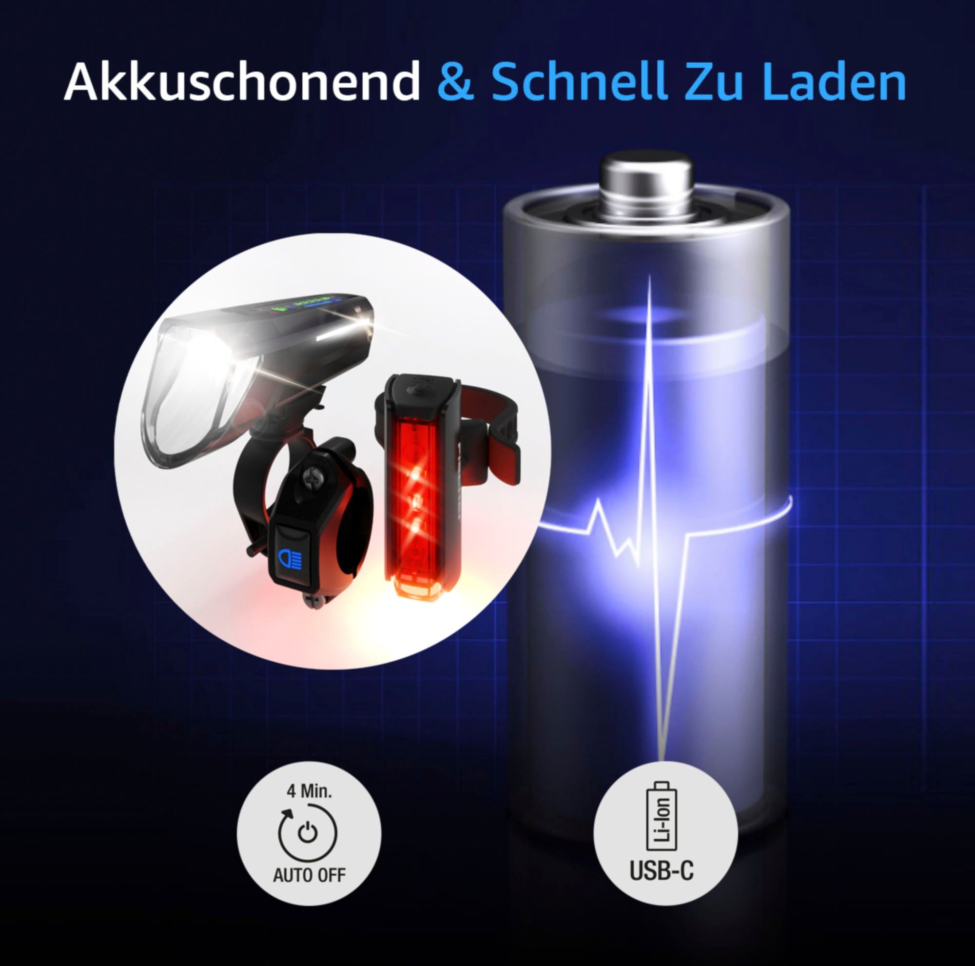 Fahrradbeleuchtung FISCHER FAHRRAD "LED-Akku-Bel. Set PLUS 100/180 Fernlicht + TWIN STOP", schwarz, Fahrradlampen, Fahrradbeleuchtung