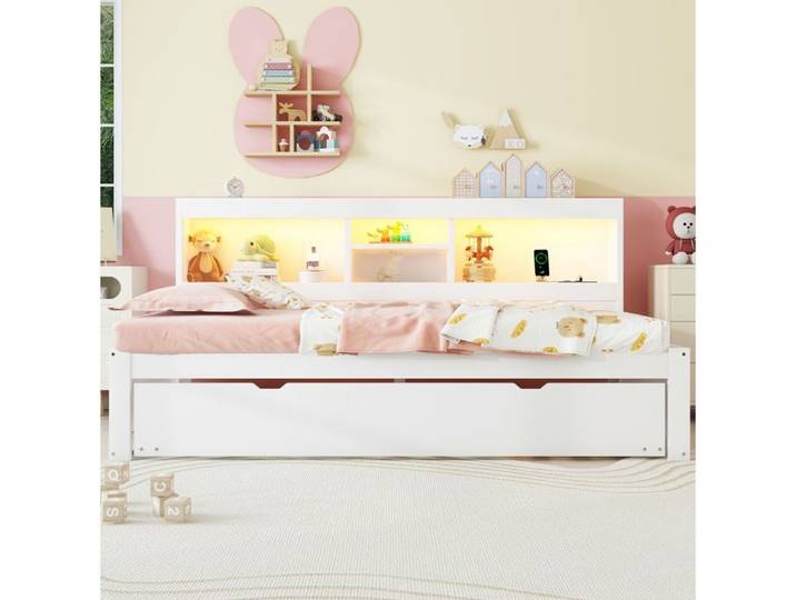 Lit enfant 90x200 cm avec lit gigogne canapé-lit éclairage LED prise USB rangement sommier inclus bois blanc