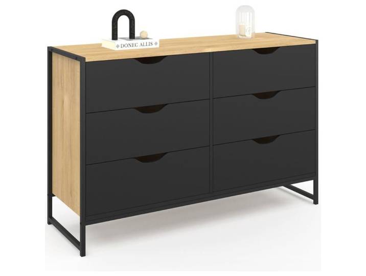 IDMarket Commode Boston 6 tiroirs 115x39x75 cm Bois et Métal Noir Style Industriel